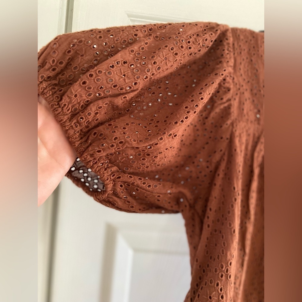 Band of the Free Women Size M Cottagecore Brown Eyelet Babydoll Smocked Tie Back - Picture 8 of 10
